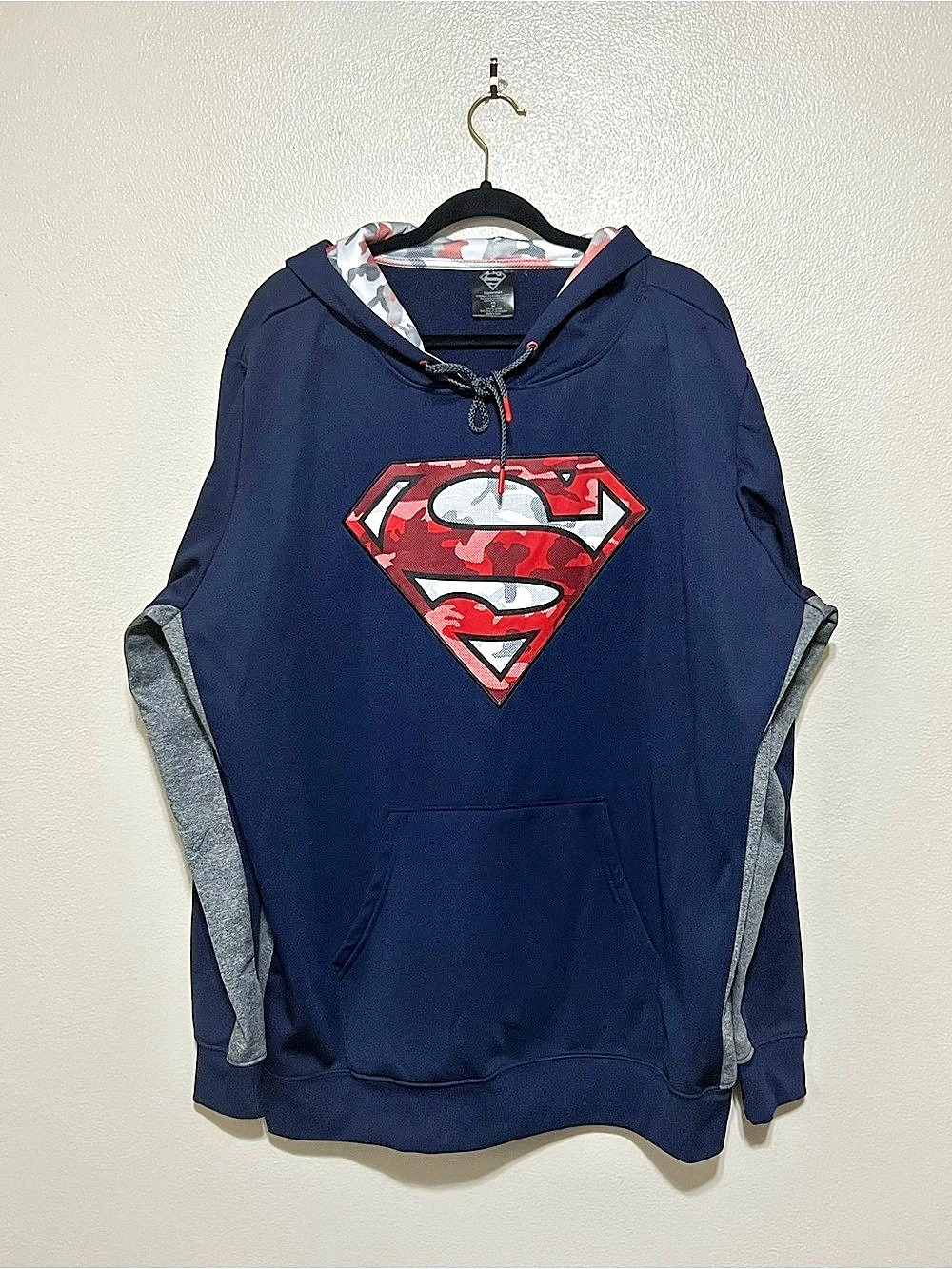 DC Comics Superman Mens Pullover Hoodie Navy Blue Gray Camo Logo Sweatshirt 2XL